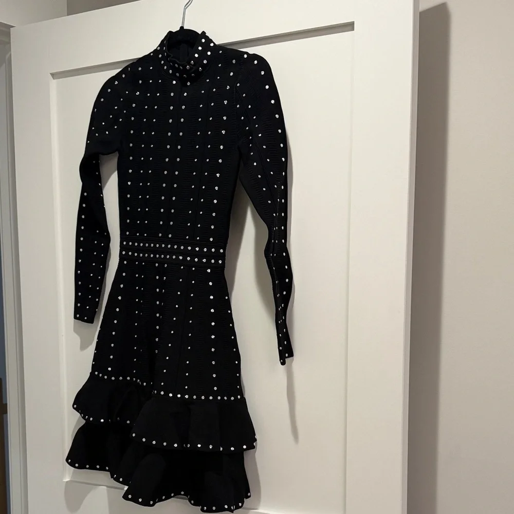 Elegant Black Long Sleeve Dress with White Accents - Picture 1 of 4